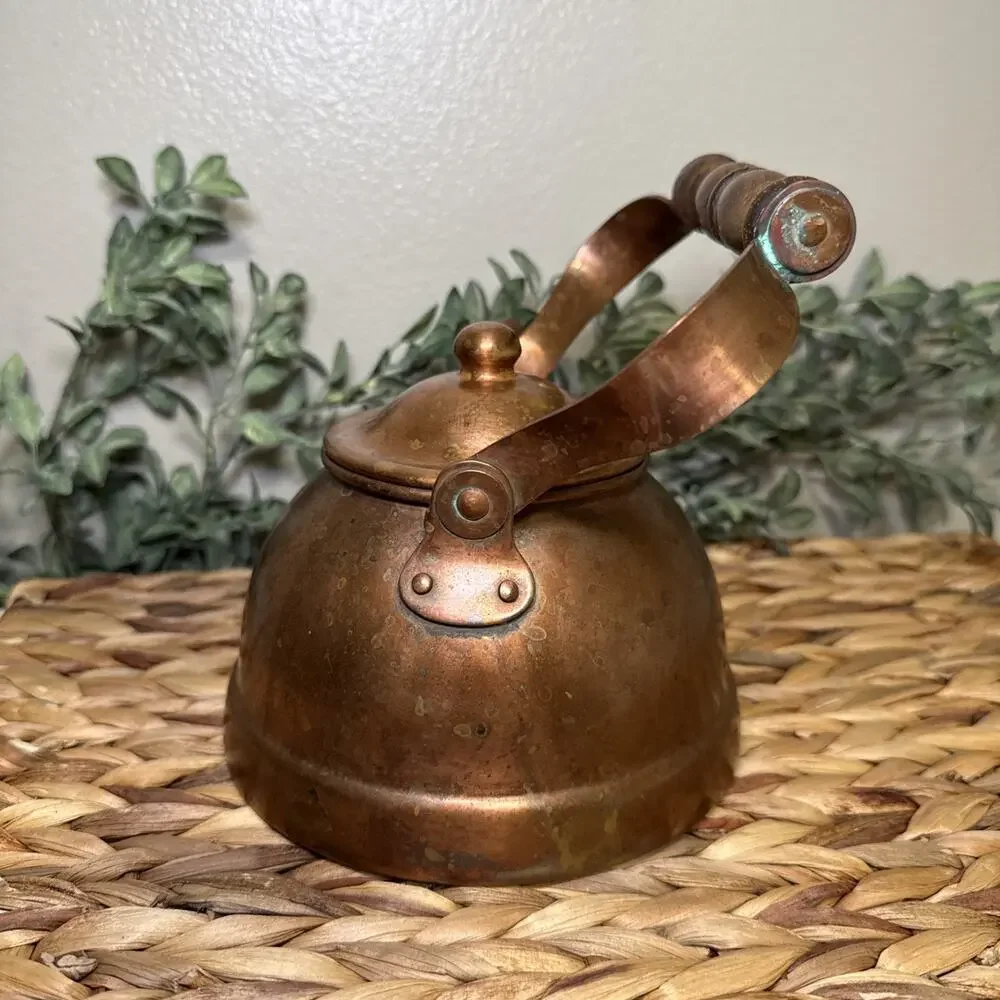 B&M Portugal Copper Tea Kettle Wood Handle Lidded Tin Lined 7” Farmhouse Vtg